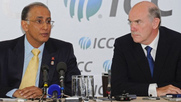 International Cricket Council chief executive Haroon Lorgat, left, and  ICC anti-corruption unit chairman Sir Ronnie Flanagan, at a press conference at Lord's cricket ground in 2010.