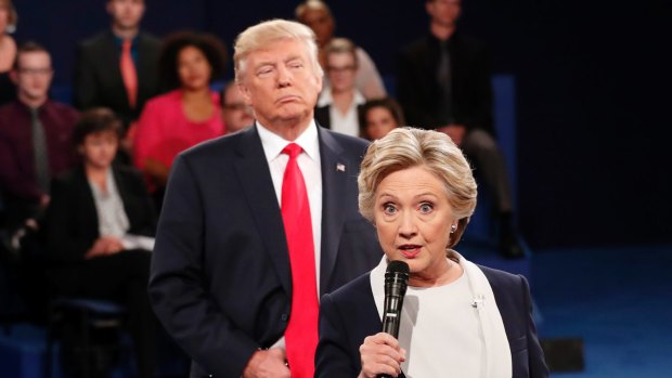 Donald Trump followed Hillary Clinton around the stage during the second election debate.