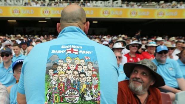 A Barmy Army fan shows his shirt on day one of the First Test match.