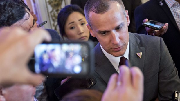 Corey Lewandowski, former campaign manager for 2016 Republican presidential candidate Donald Trump, speaks to members of the media.