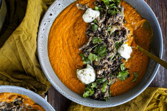 Spiced pumpkin soup with barley, labne and leftover lamb.