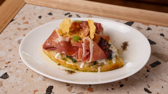 Prosciutto focaccia slice is served only at night.