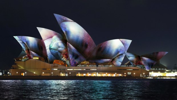 An artist's impression of Ash Bolland's Audio-Creatures on the Sydney Opera House sails.