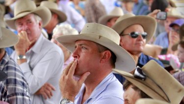 Locals listen to Premier Campbell Newman speaking at the Emerald Saleyard in Emerald.