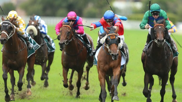 Bold move: Tommy Berry (far right) rides Inference on the outside to win the Randwick Guineas.