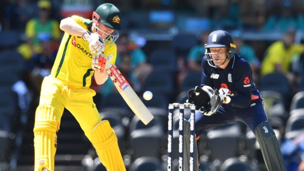 Struggling for consistency: David Warner attempts to guide the ball away at the Gabba.