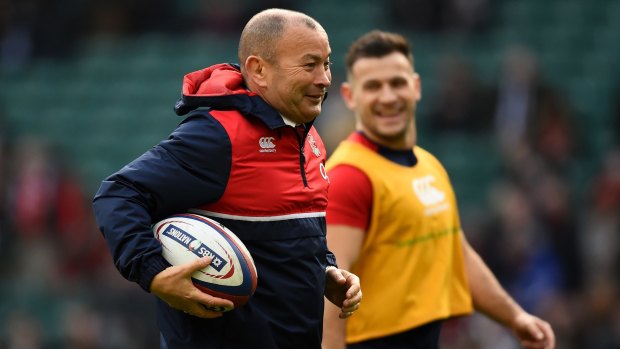 Eddie Jones watches England's pre-match warm up during the RBS Six Nations match between England and Wales at Twickenham Stadium on Saturday.