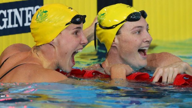 Shared joy: Bronte (L) and Cate Campbell celebrate their one-two finish in the 100m freestyle.