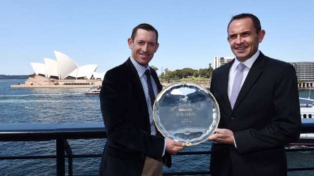 Jockey Hugh Bowman and Chris Waller in happier times with the Cox Plate won by Winx.