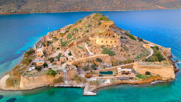 An aerial view of the island of Spinalonga in Crete, Greece.