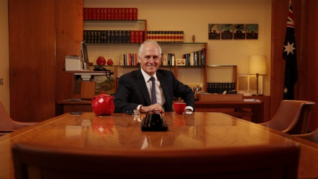 Prime Minister Malcolm Turnbull in his prime ministerial suite at Parliament House in Canberra 