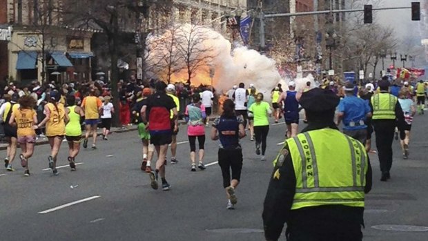 The explosion at the finish line of the Boston Marathon in 2013.