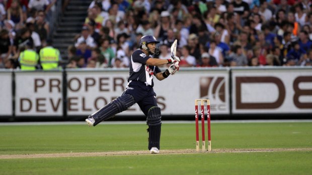 Brad Hodge during his 56-ball innings of 90 for Victoria against Tasmania in front of a crowd of 43,125 at the MCG in 2010. 