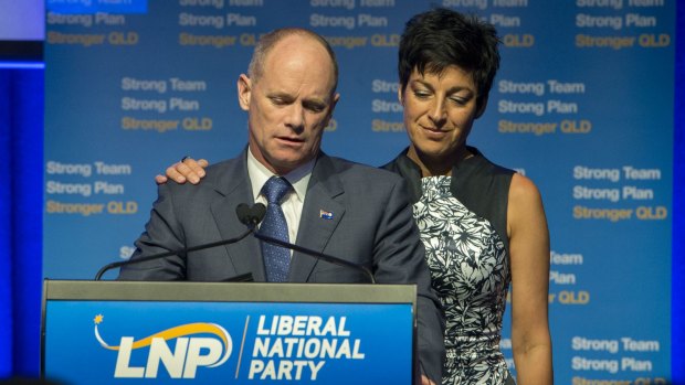 Campbell Newman and his wife Lisa address LNP supporters on election night. The Queensland premier lost his seat and his part lost government.