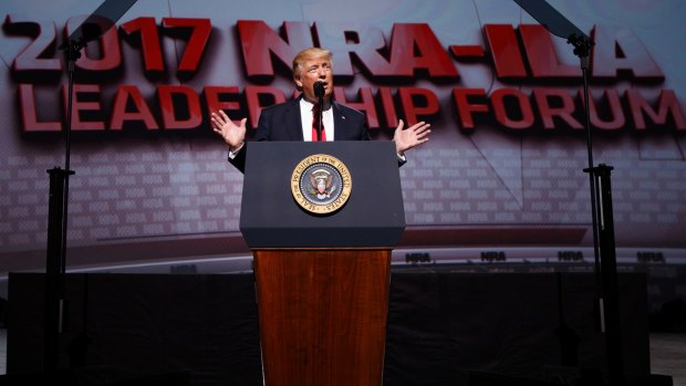 President Donald Trump speaks at the National Rifle Association Leadership Conference on his 99th day in office.