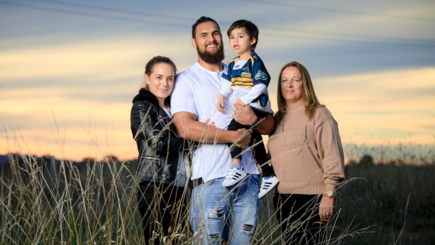 Brumbies flanker Jordan Smiler, with wife Stacey, three-year-old son Keanu, and mother-in-law Michelle. 