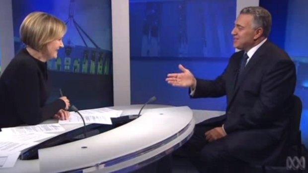 A screen grab shows Sarah Ferguson interviewing Treasurer Joe Hockey on <i>7.30</i> after the release of his first budget.