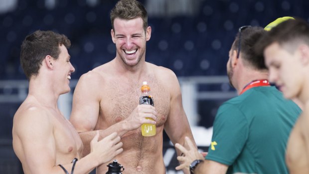James Magnussen shares a laugh with teammates at the Tollcross International Swimming Centre.