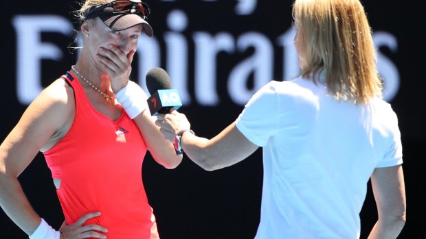 Mirjana Lucic-Baroni cries while being interviewed after winning her quarter-final match.