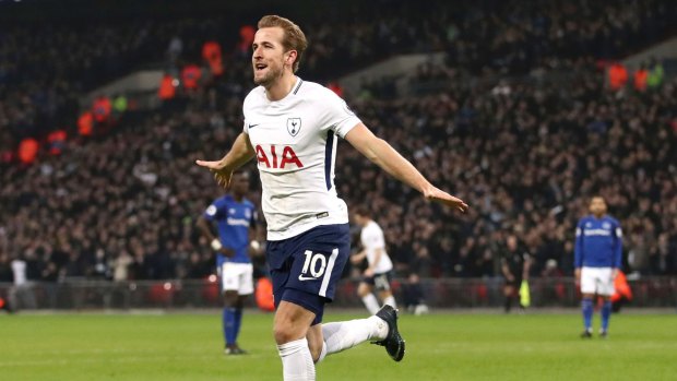 Kane plane: Harry Kane celebrates scoring Tottenham's third.