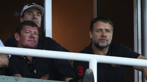 James Packer, left, and Rabbitohs co-owner Russell Crowe watch Souths play.