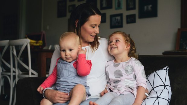 Rebecca Kiddey with her two children Olivia, 3, and Matilda, 1 at home in Macgregor