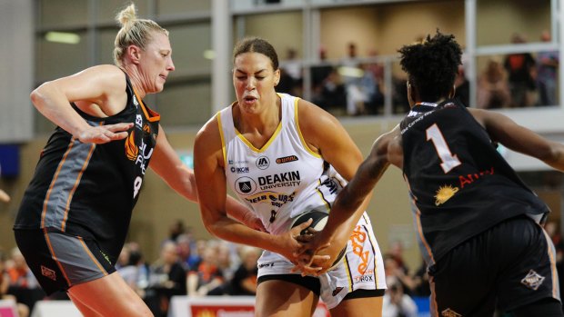 Liz Cambage of the Melbourne Boomers drives to the basket.