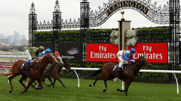 Jockey Mark Zahra guides My Poppette to victory in the Anzac Day Stakes at Flemington on Saturday.