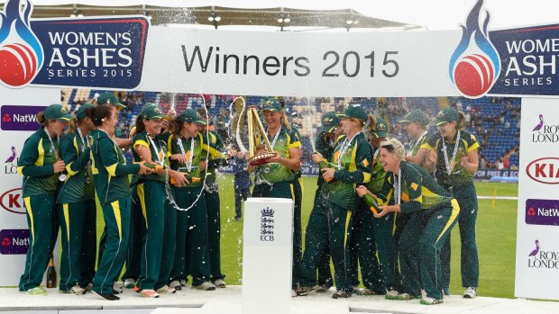 The Southern Stars  celebrate with the Ashes trophy after the third T20 ended in Cardiff on Monday.
