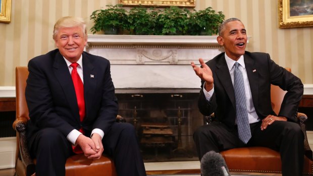 President Barack Obama meets with President-elect Donald Trump in the Oval Office of the White House.