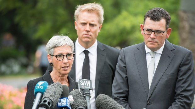 Victorian Governor Linda Dessau, acting Lord Mayor of Melbourne Arron Wood, and Victorian Premier Daniel Andrews speak after the private memorial ceremony.