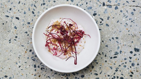 Roasted rhubarb fool with toasted buckwheat.