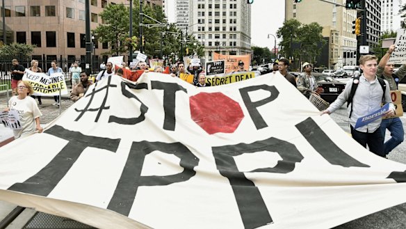 Growing discontent with 'free trade' deals in the US: An anti-TPP protest last year in Atlanta, Georgia.
