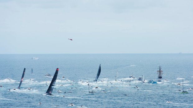 It's on: Black Jack, LDV Comanche and Wild Oats XI exiting Sydney Heads.