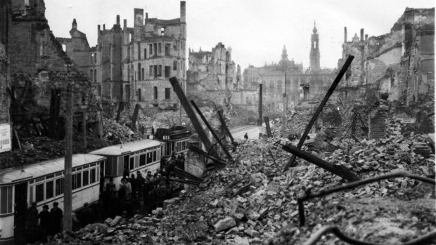 The destroyed city of Dresden in 1946. Britain's official war history did not mention the bombing campaign.