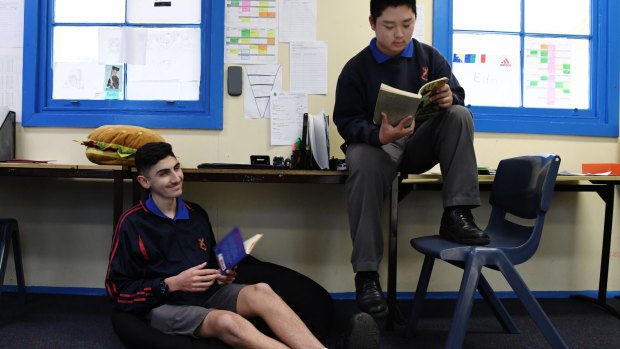 Liverpool Boys High School students Jamiel Yasin, 15, and Jacky Zhu, 14, are doing the portfolio-based Big Picture program instead of traditional year 9 and 10 classes.