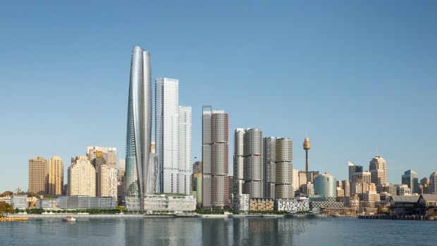 Crown has previously raised concerns about Barangaroo Central impeding views from its planned casino tower, far left.