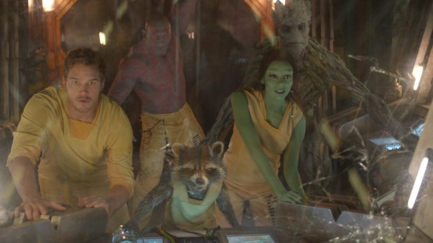 Marvel's Guardians Of The Galaxy (from left) Peter Quill (Chris Pratt), Drax (Dave Bautista), Rocket (voiced by Bradley Cooper), Gamora (Zoe Saldana) and Groot (voiced by Vin Diesel). 