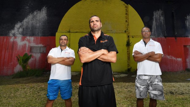 Life after boxing: Gosh Daher (left), Anthony Mundine and Amos Roberts in Redfern. 