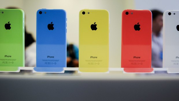 A row of colourful iPhone 5Cs.