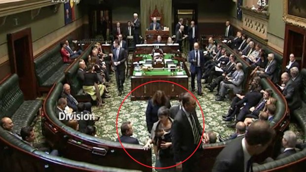 NSW Legislative Assembly, 13th October 2016. Greens MP for Newtown Jenny Leong enters the chamber with her baby to vote on legislation.