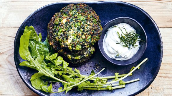 Mint, pea, spinach and chia fritters. Recipe from Week Light: Super-Fast Meals to Make You Feel Good by Donna Hay. Published by HarperCollins Publishers (Australia) Pty Ltd. RRP $45. Pic credit: Con Poulos For Good Food Magazine, October 4, 2019. Photographer: Con Poulos (Single print and online use) GOOD FOOD RGB