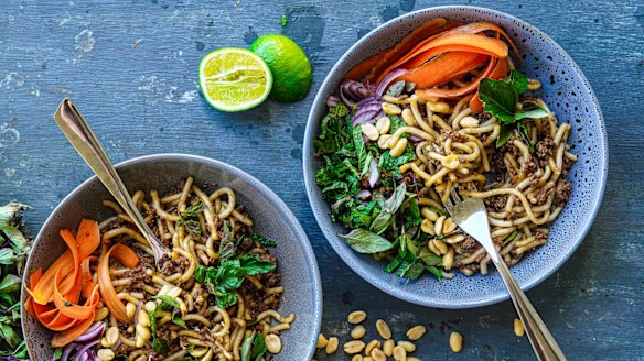 Sticky mustard beef and noodles with carrot ribbons 