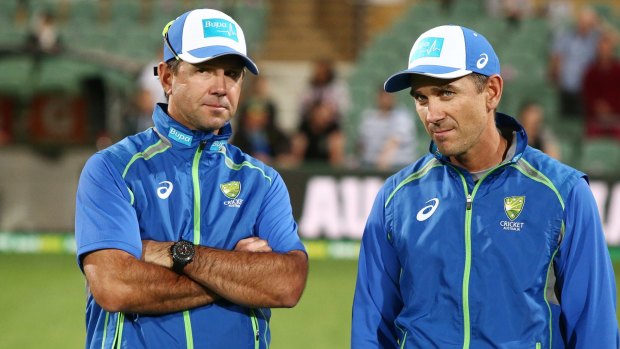 Assistant coach Ricky Ponting and head coach Justin Langer look on after the International Twenty20 match between Australia and Sri Lanka.