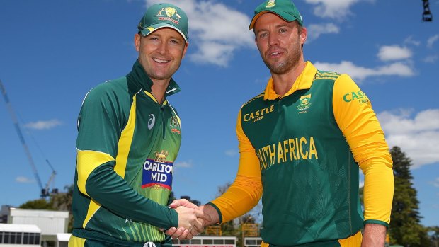 Squaring up: Michael Clarke and  A.B. de Villiers at the WACA on Friday.