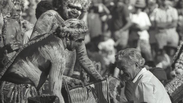 The then prime minister, Bob Hawke, receives the Barunga statement from Galarrwuy Yunupingu in Arnhem Land in 1988.