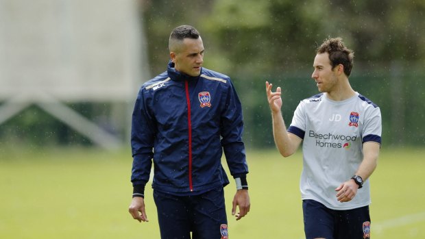 New in town: Milos Trifunovic (left) during his first training session for the Jets.