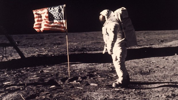 Edwin E. 'Buzz' Aldrin jnr beside the US flag on the moon in July, 1969.
