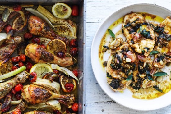 Light v dark meat: Chicken drumstick tray bake (left) and chicken breast paillard.