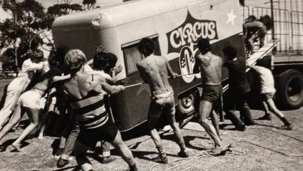 Circus Oz members rescue their van during a 1981 regional tour.